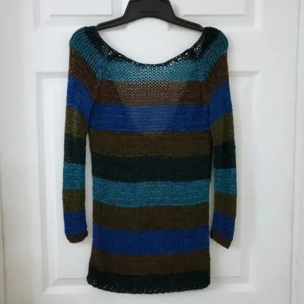 Theory Striped Knit Yarn Crochet Scoop Back Academia Edgy Grunge Sweater